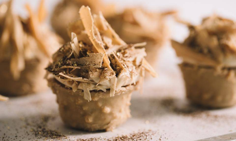 Banana Financier dipped in Gold Chocolate by Chef Russ Thayer