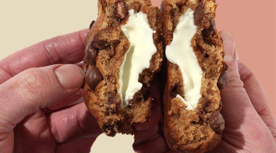 Cookie with gooey filling broken in half