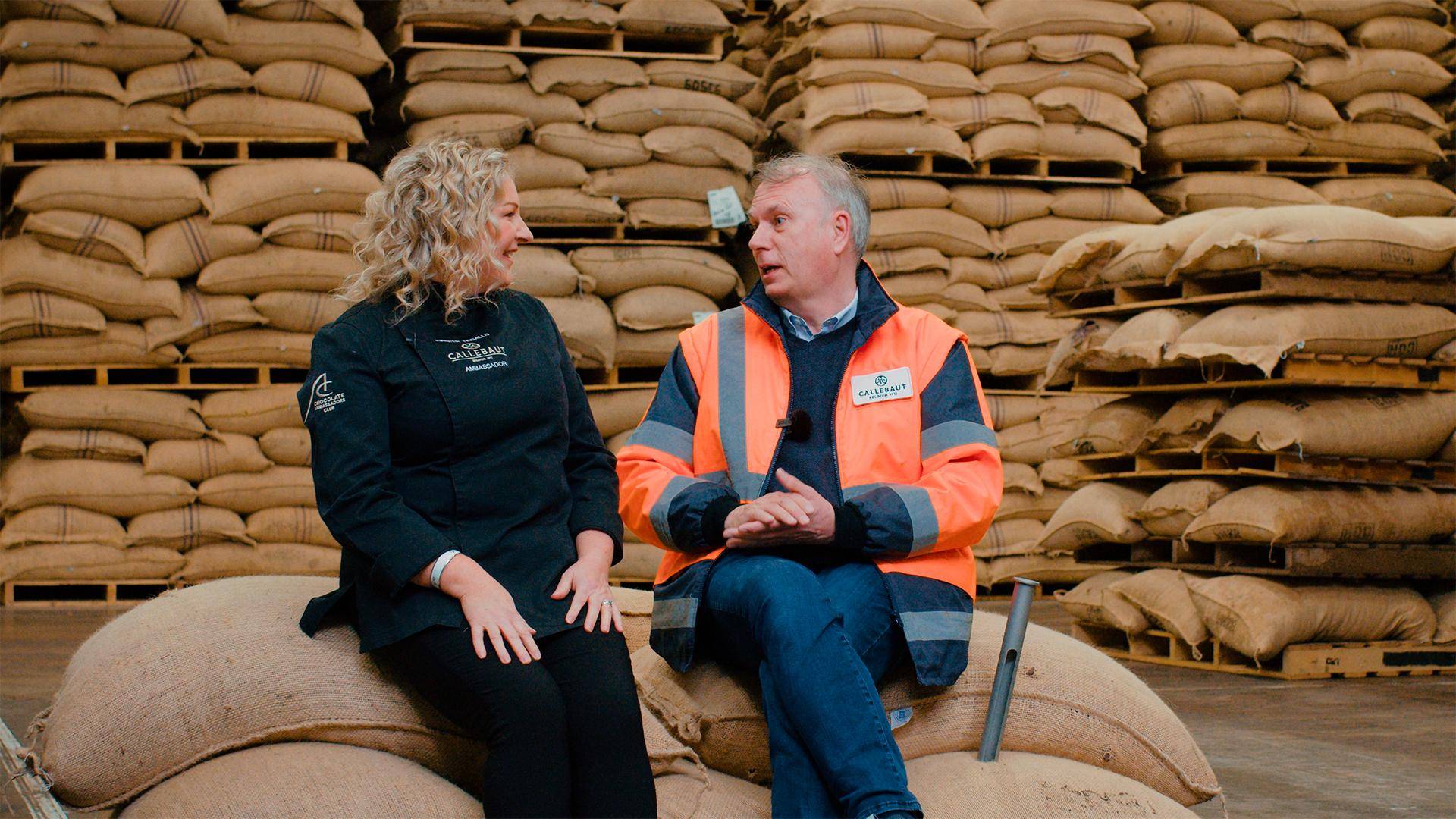 Kirsten Tibballs with Callebaut chocolate expert in Wieze factory
