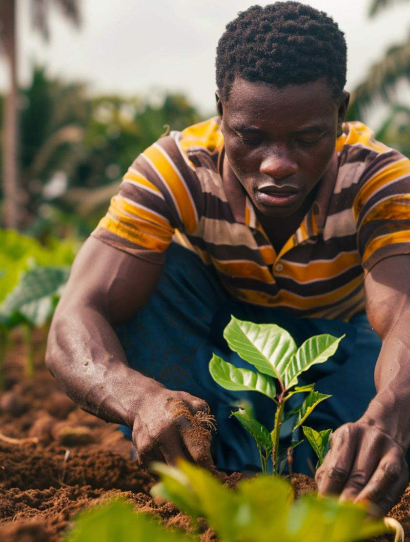 Farmers reshaping cocoa farming. planting young cocoa trees