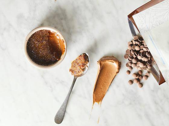 A dairy-free vegan creme brulee made with Callebaut NXT