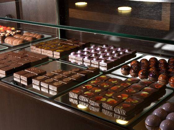 A display case in a chocolate shop